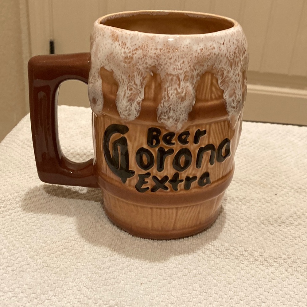 Vintage CORONA EXTRA BEER Oversize Ceramic Mug Cup 32oz Brown Barrel Black Words